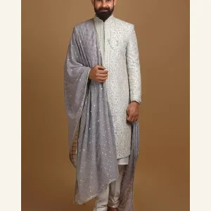 Mens silver grey embroidered sherwani set with drape