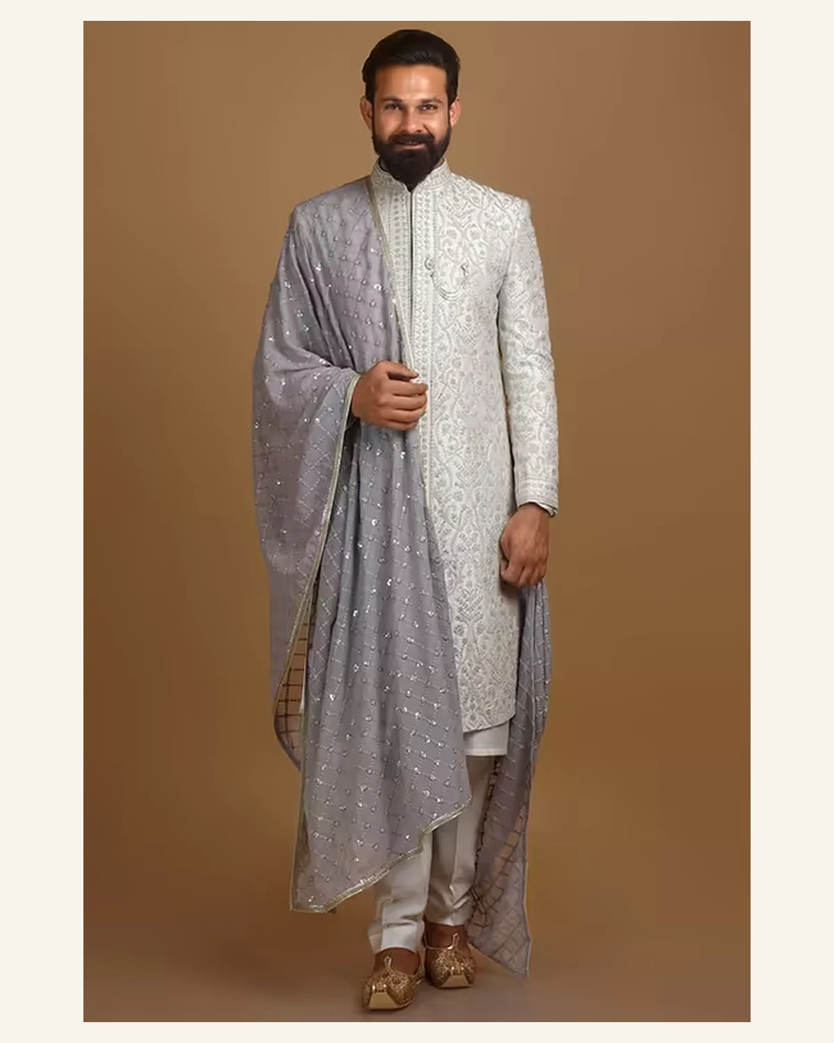 Mens silver grey embroidered sherwani set with drape