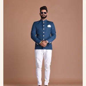 Mens royal navy bandhgala jacket with white trousers
