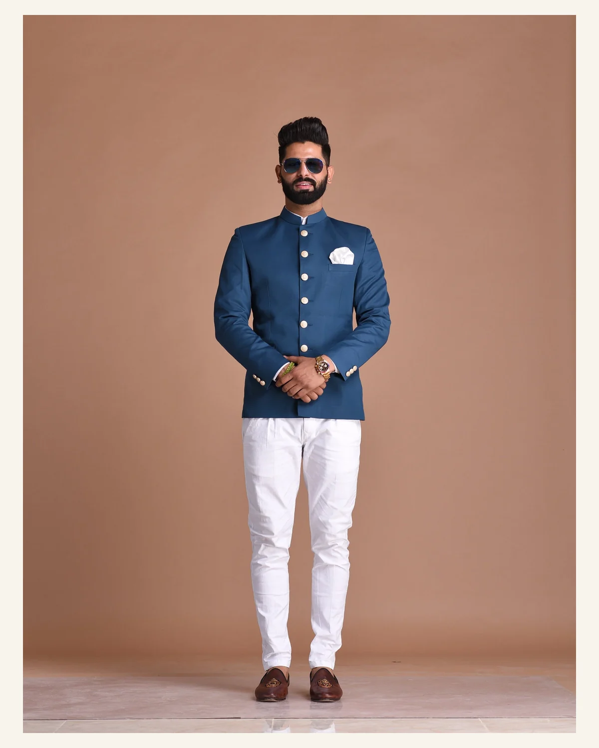 Mens royal navy bandhgala jacket with white trousers