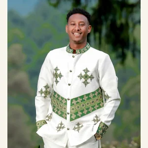 Mens ivory jacket with emerald and gold embroidery