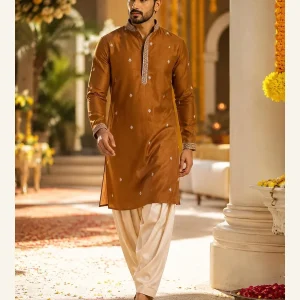 Mens burnished copper embroidered kurta with ivory trousers