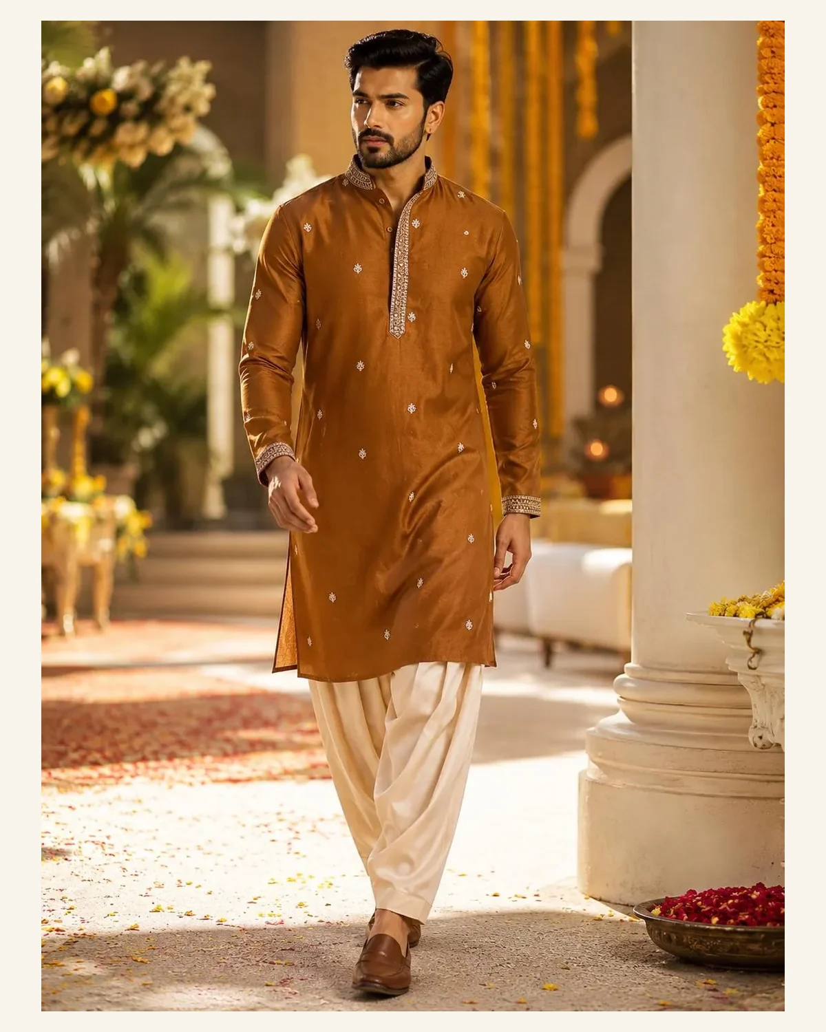 Mens burnished copper embroidered kurta with ivory trousers