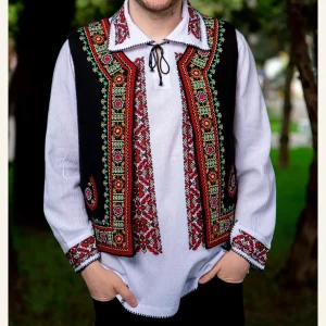 Mens black multicolour embroidered waistcoat and white shirt