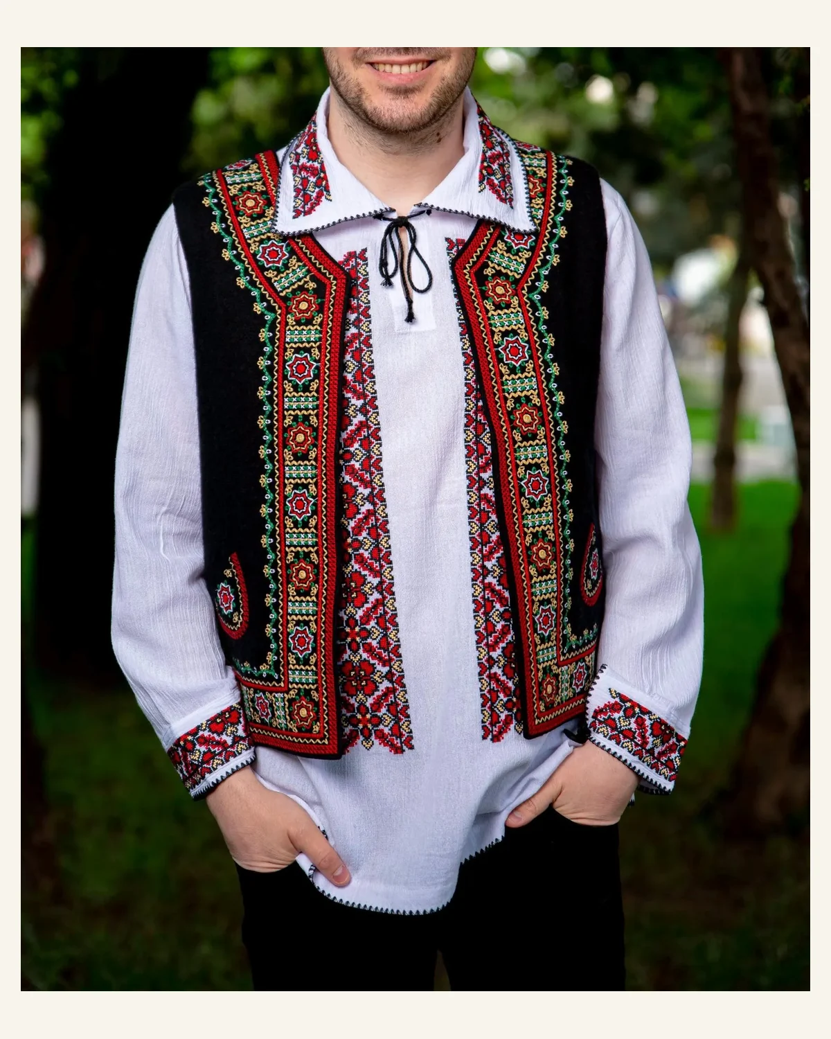 Mens black multicolour embroidered waistcoat and white shirt