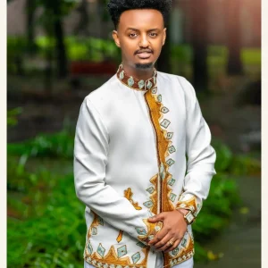 Mens ivory jacket with gold and aqua embroidery
