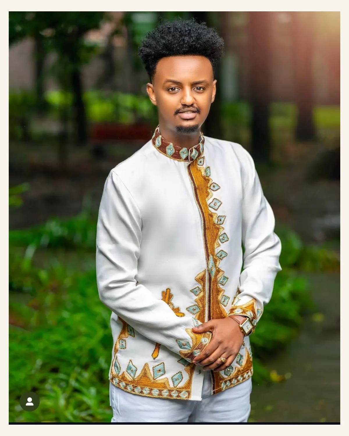 Mens ivory jacket with gold and aqua embroidery