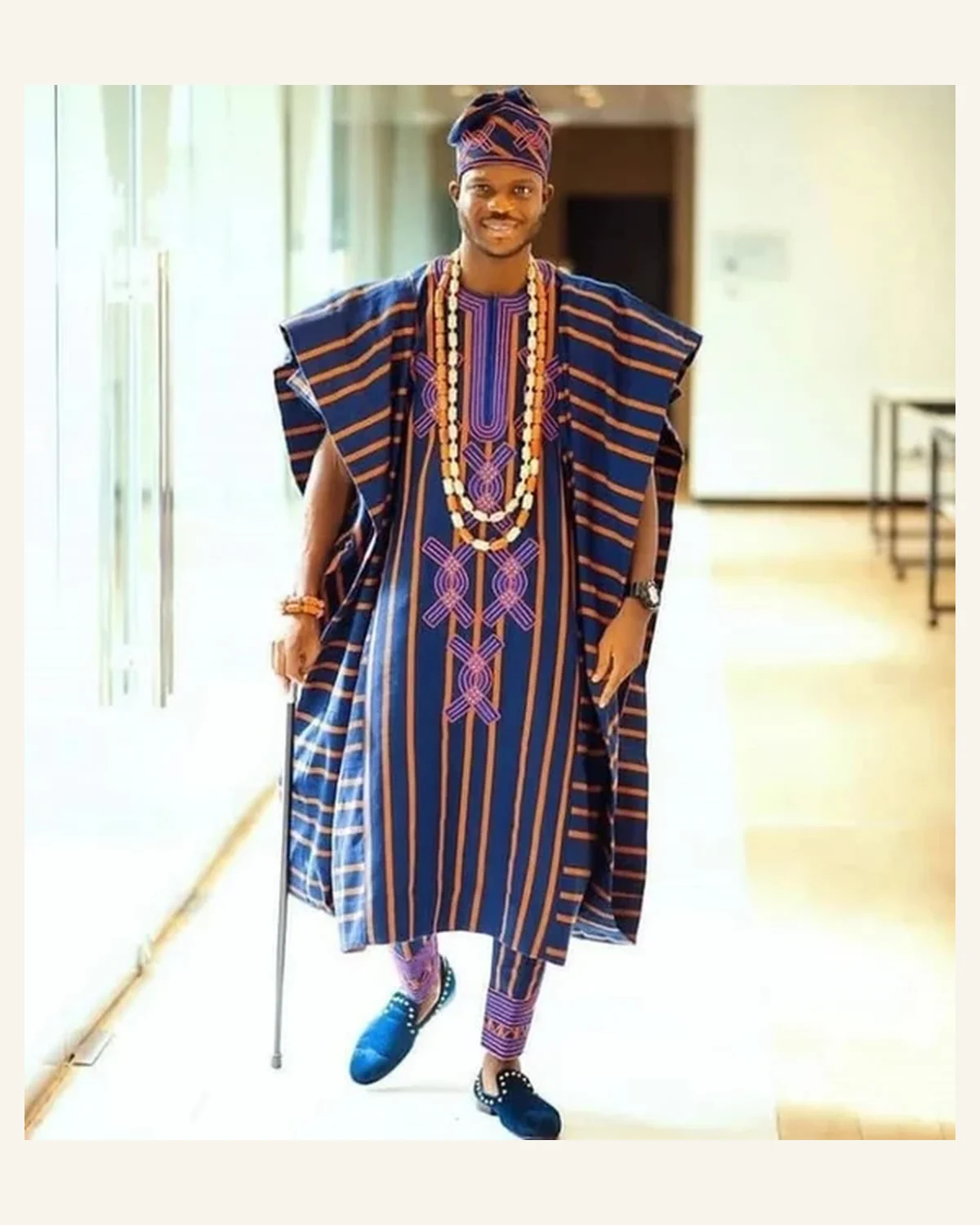 Mens midnight navy striped ceremonial agbada set