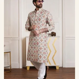 Mens cream multicolour mosaic printed kurta set