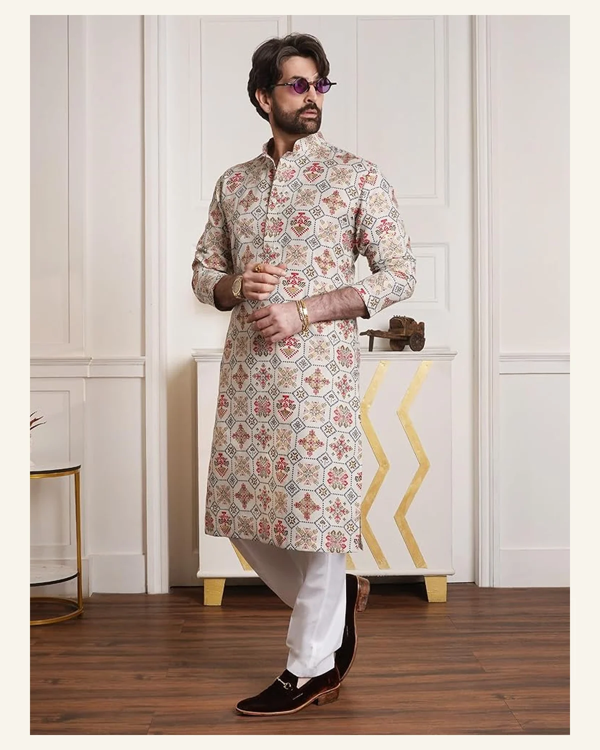 Mens cream multicolour mosaic printed kurta set