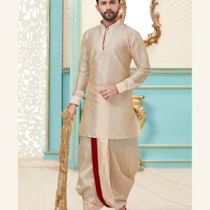 Mens champagne kurta dhoti trousers and stole set