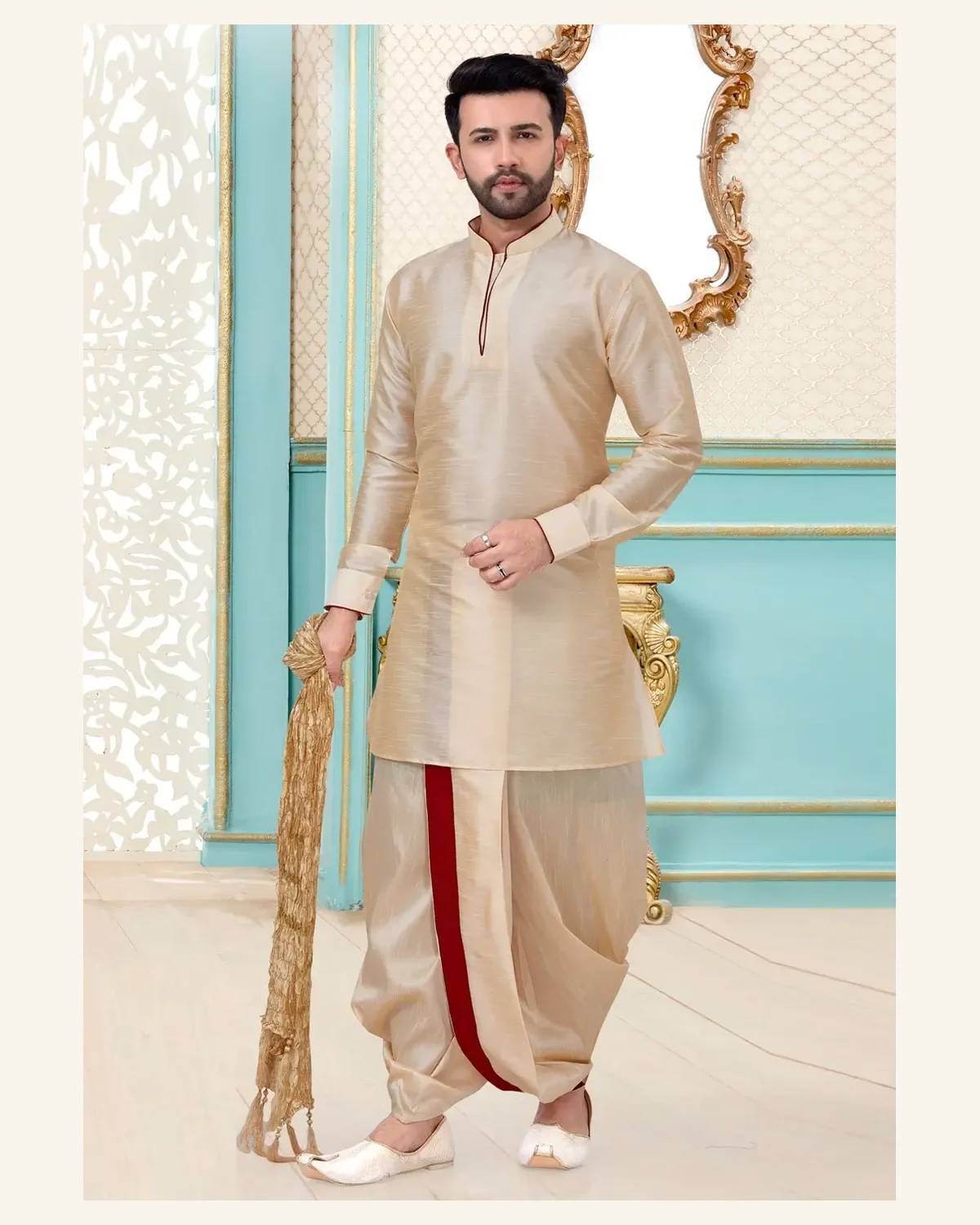 Mens champagne kurta dhoti trousers and stole set