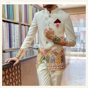 Mens ivory formal jacket with multicolour geometric embroidery