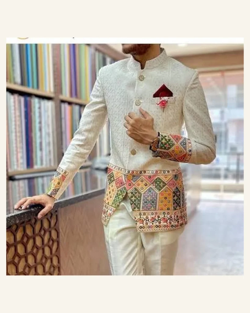 Mens ivory formal jacket with multicolour geometric embroidery