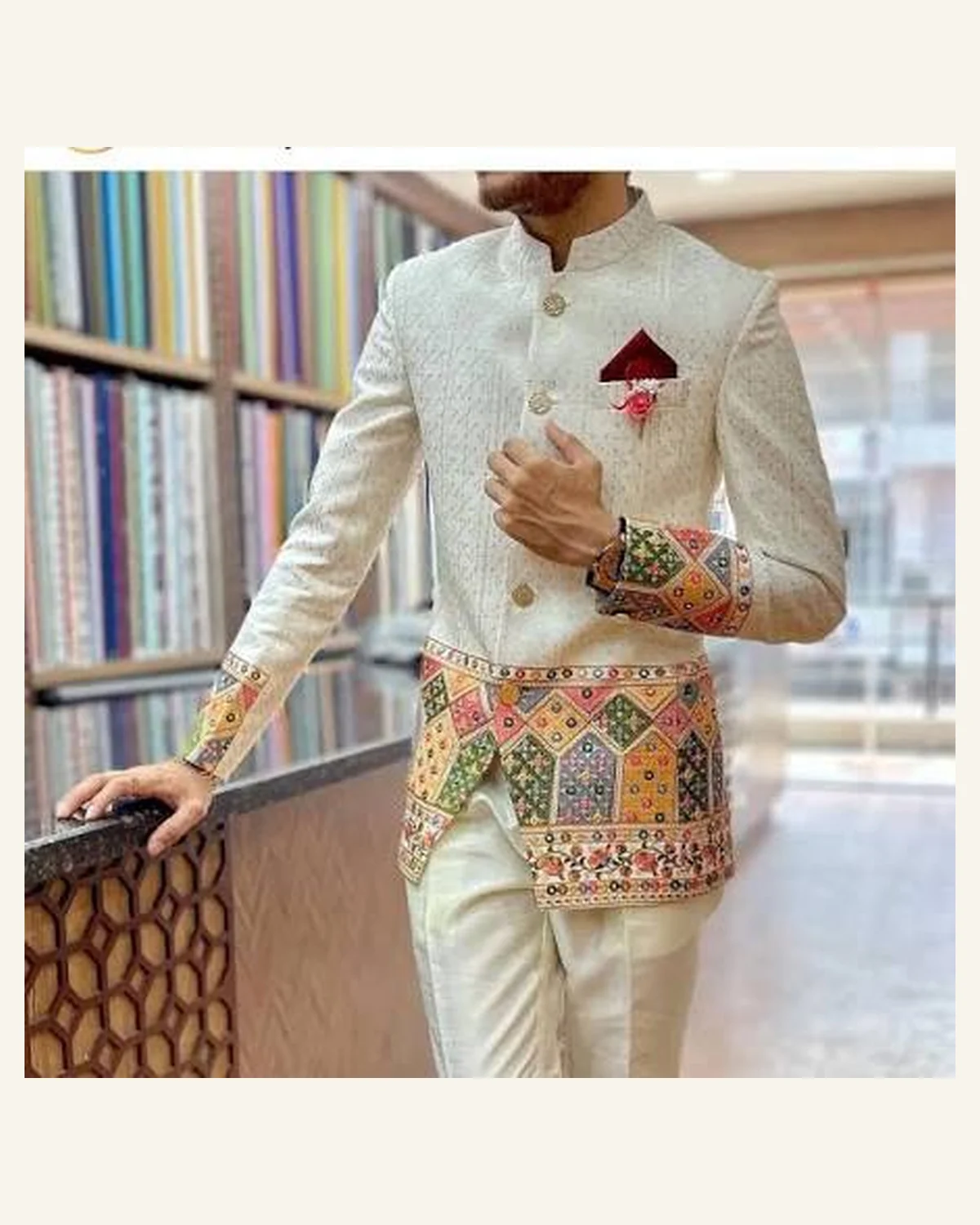 Mens ivory formal jacket with multicolour geometric embroidery