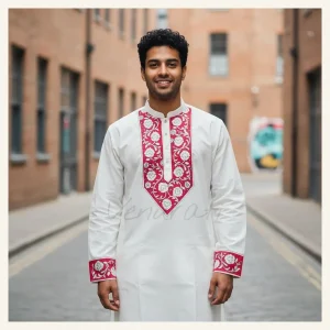 Mens ivory kurta with magenta floral embroidery
