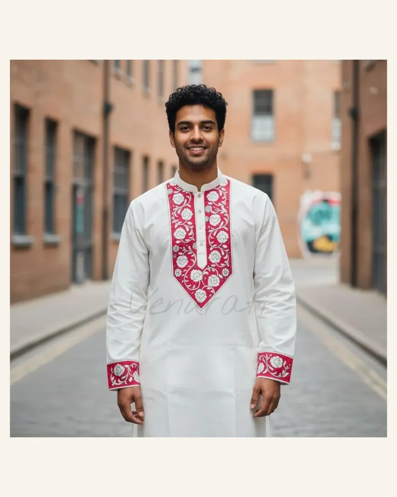 Mens ivory kurta with magenta floral embroidery