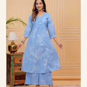 Womens sky blue botanical kurta and palazzo set