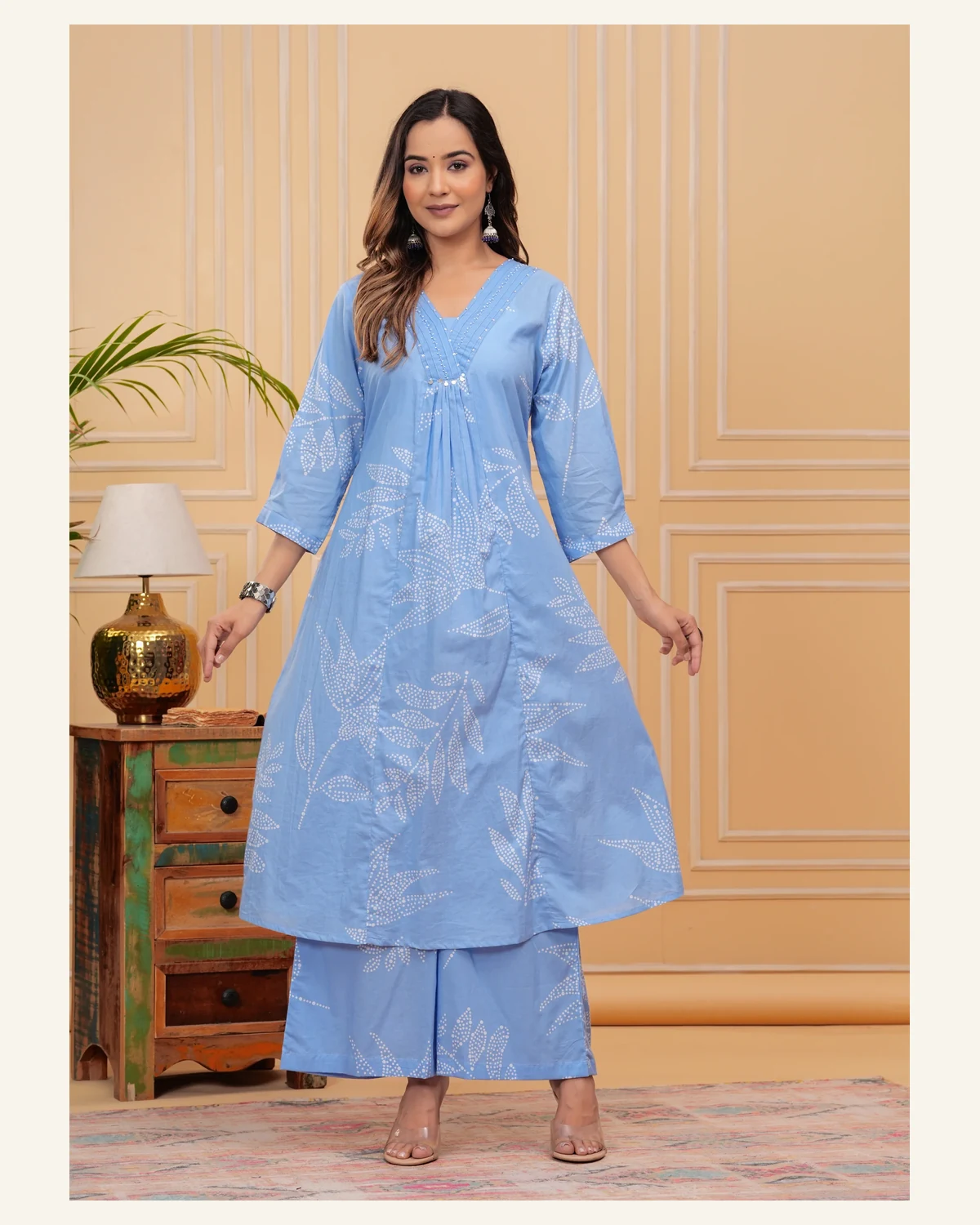 Womens sky blue botanical kurta and palazzo set