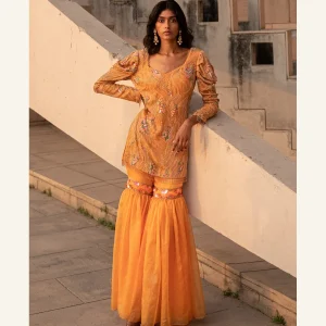 Marigold orange floral embroidered kurta and sharara set