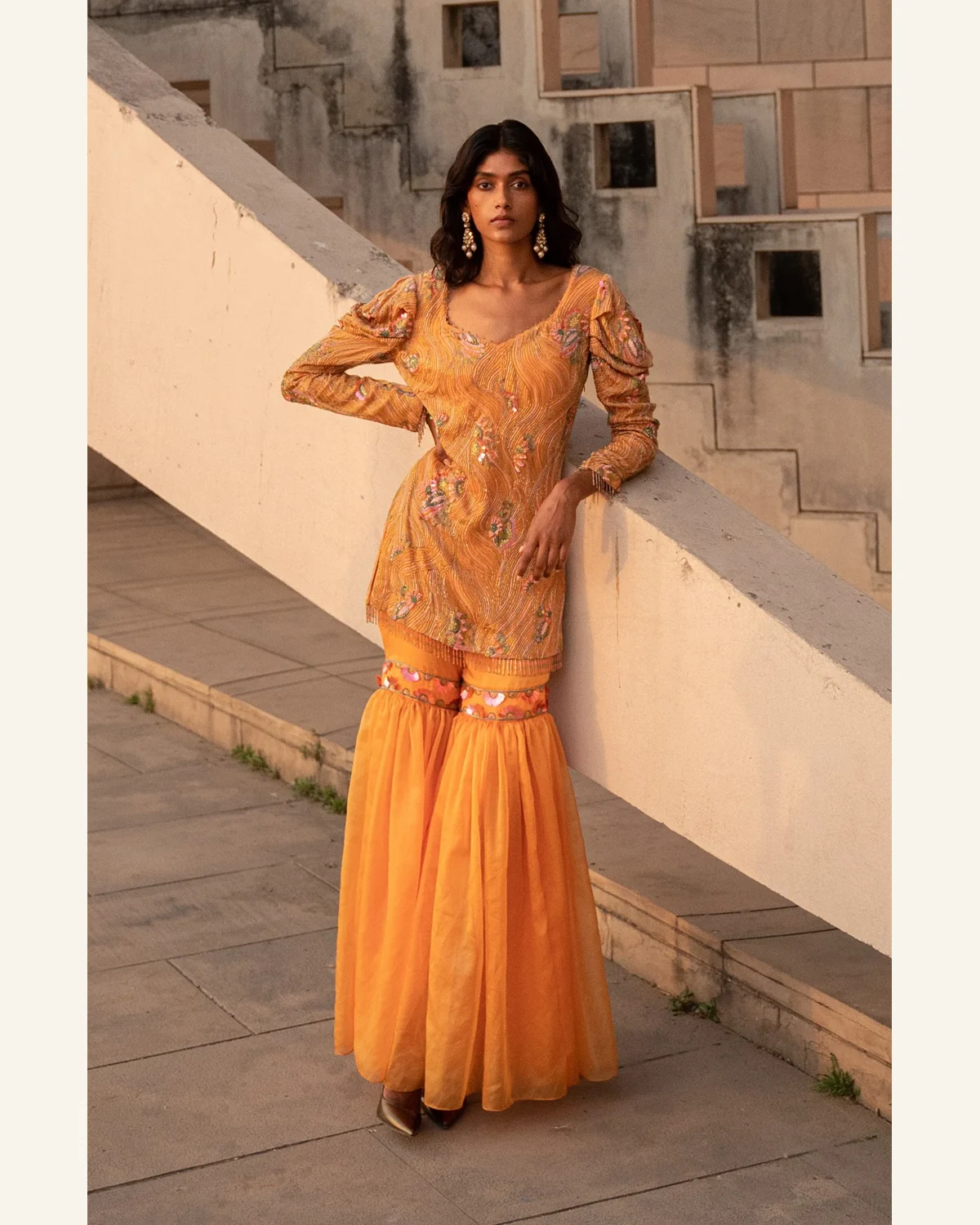 Marigold orange floral embroidered kurta and sharara set