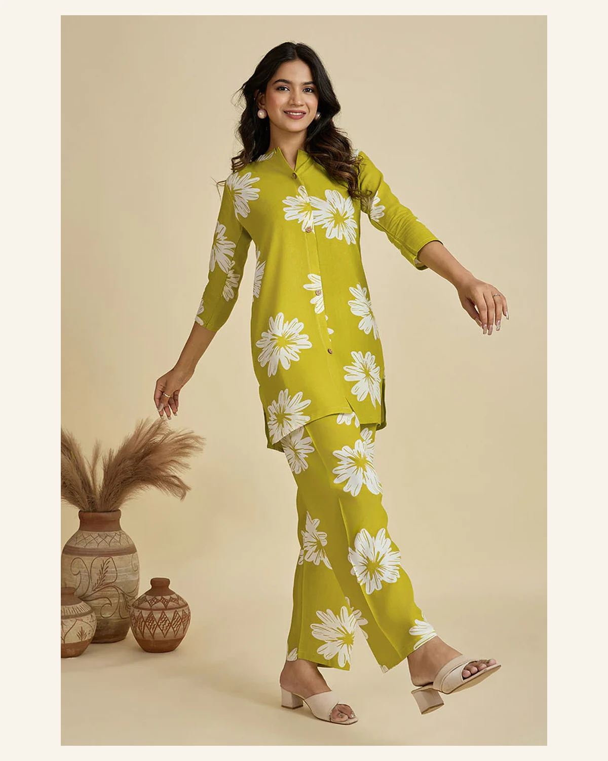 Womens lime green daisy print shirt and trouser set
