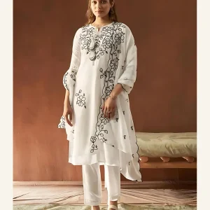 Womens ivory and black floral kurta trouser and dupatta set