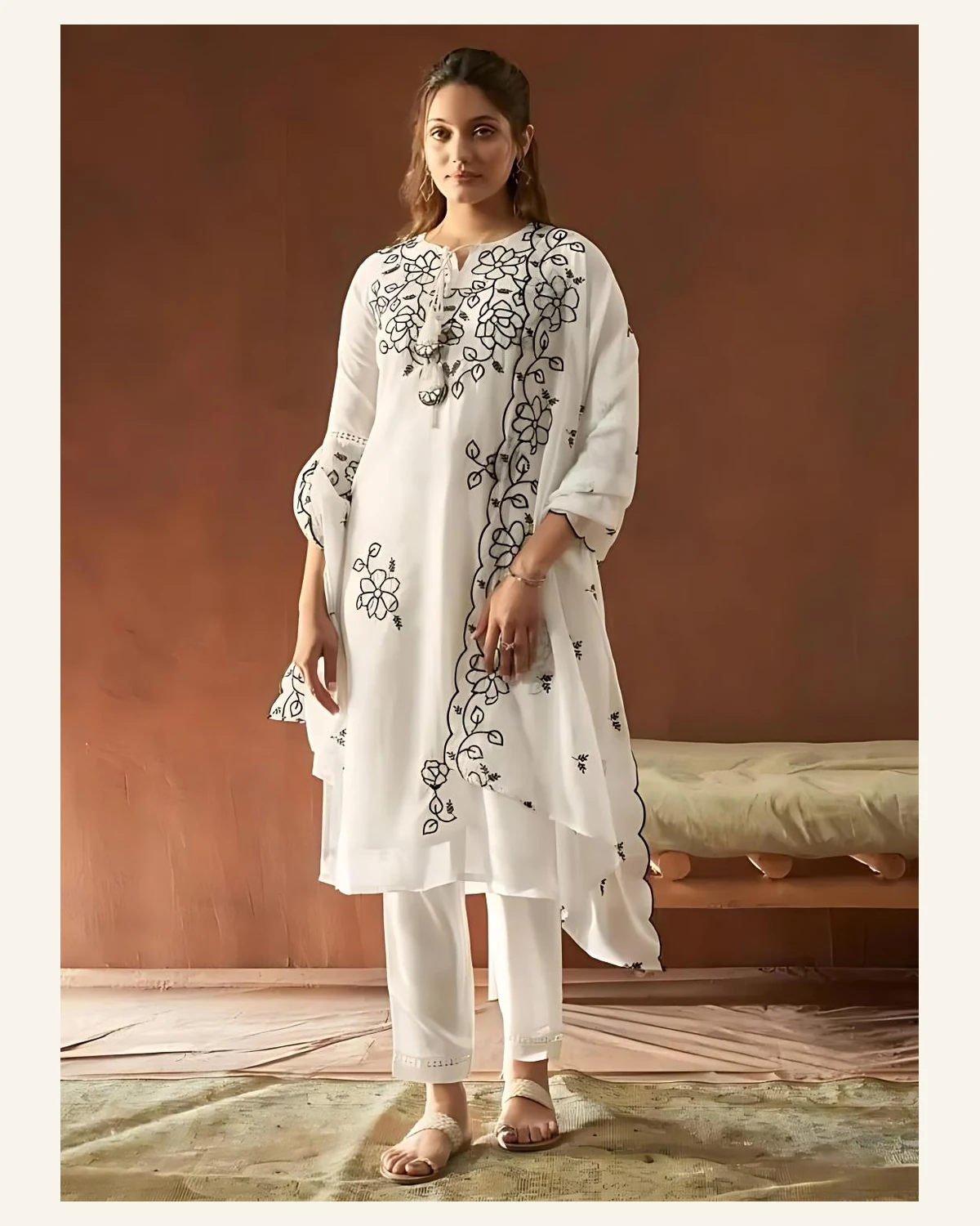 Womens ivory and black floral kurta trouser and dupatta set