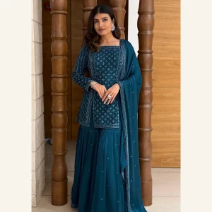 Midnight teal embroidered kurta sharara and dupatta set
