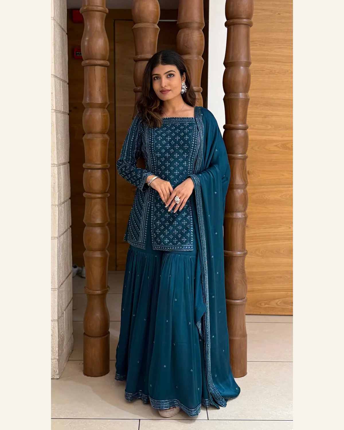 Midnight teal embroidered kurta sharara and dupatta set