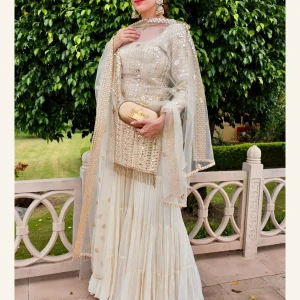 Ivory mirror embellished kurta sharara and dupatta set
