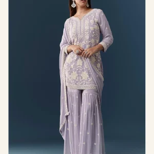 Lilac floral embroidered kurta sharara and dupatta set