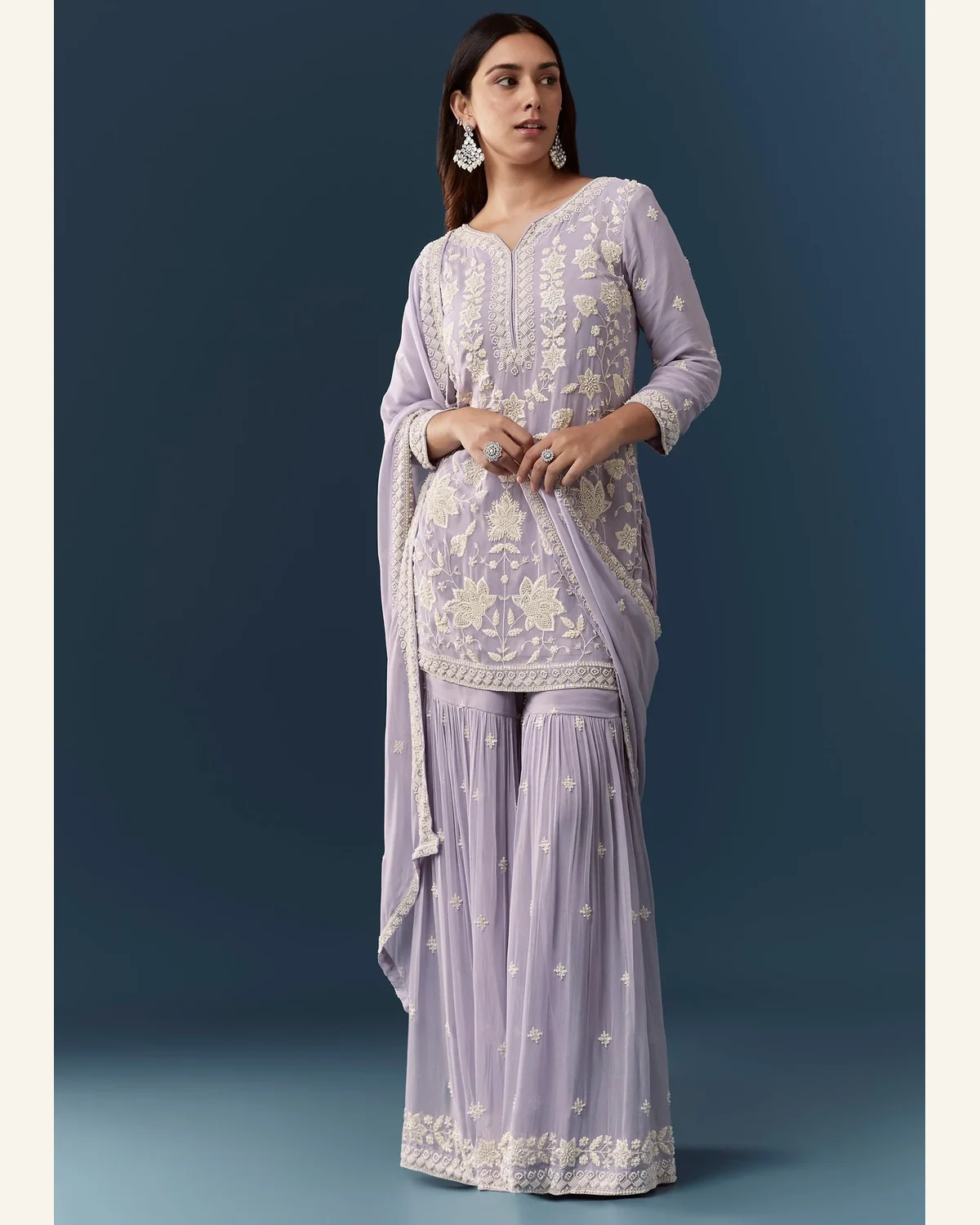 Lilac floral embroidered kurta sharara and dupatta set