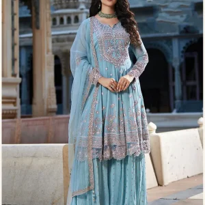 Ocean mist blue sequin embroidered kurta sharara and dupatta set