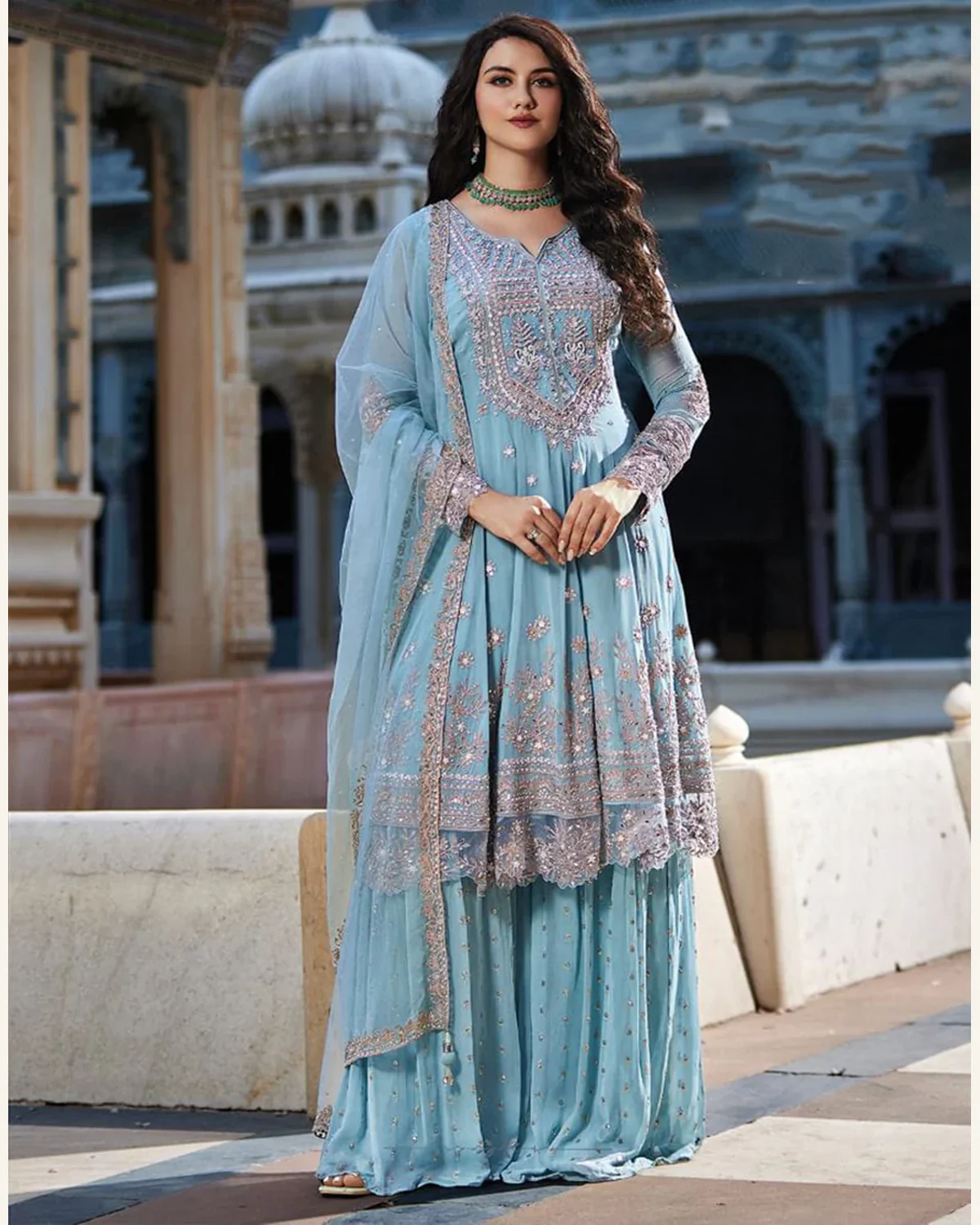 Ocean mist blue sequin embroidered kurta sharara and dupatta set