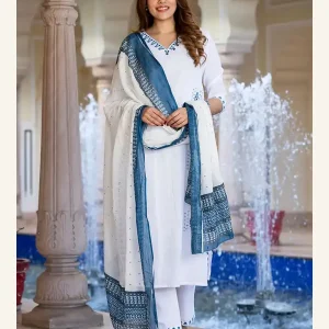 Womens ivory kurta trouser and indigo bordered dupatta set
