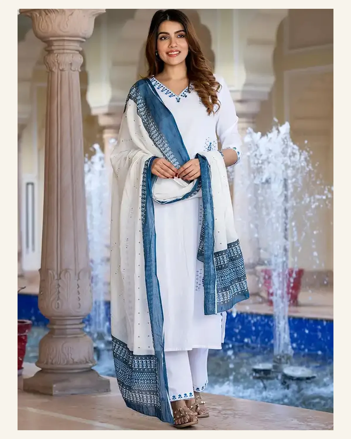 Womens ivory kurta trouser and indigo bordered dupatta set