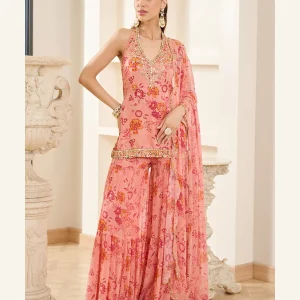 Blush pink floral kurta sharara and dupatta set