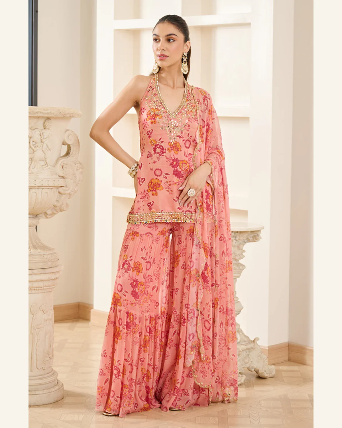 Blush pink floral kurta sharara and dupatta set