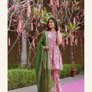 Rose pink and emerald green kurta sharara and dupatta set