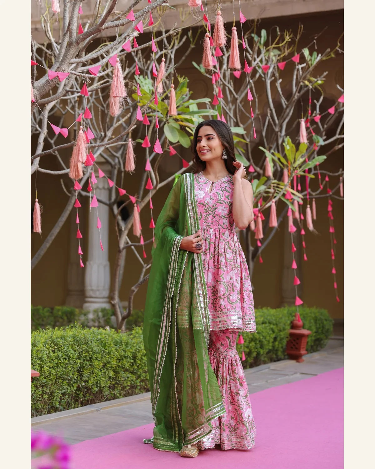 Rose pink and emerald green kurta sharara and dupatta set